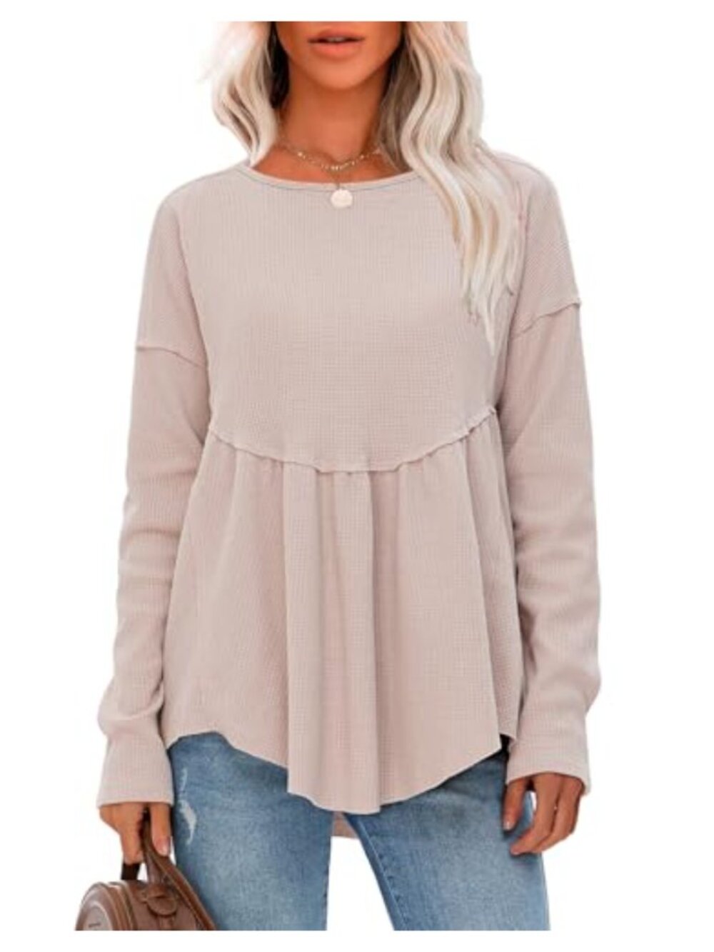 Waffle Knit Long Sleeve Tunic Top Crewneck Loose Babydoll Maternity
